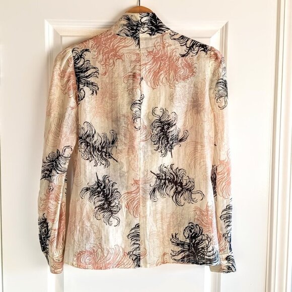 Trina Turk Black Pink Cotton Silk Metalllic Tie Neck Top - Picture 2 of 5